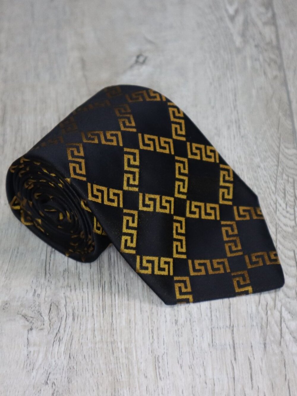 Versace Silk Tie Black Gold Greek Key Pattern Designer Necktie